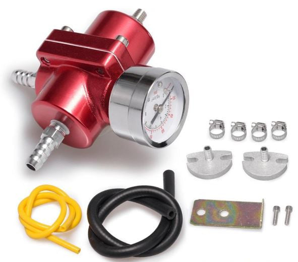 Universal Fuel Pressure Regulator (FPR) With Gauge - Adjustable, Aluminum Alloy (Red/Blue/Black)